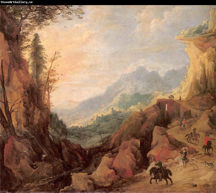 Momper II, Joos de Mountainous Landscape with a Bridge and Four Horsemen